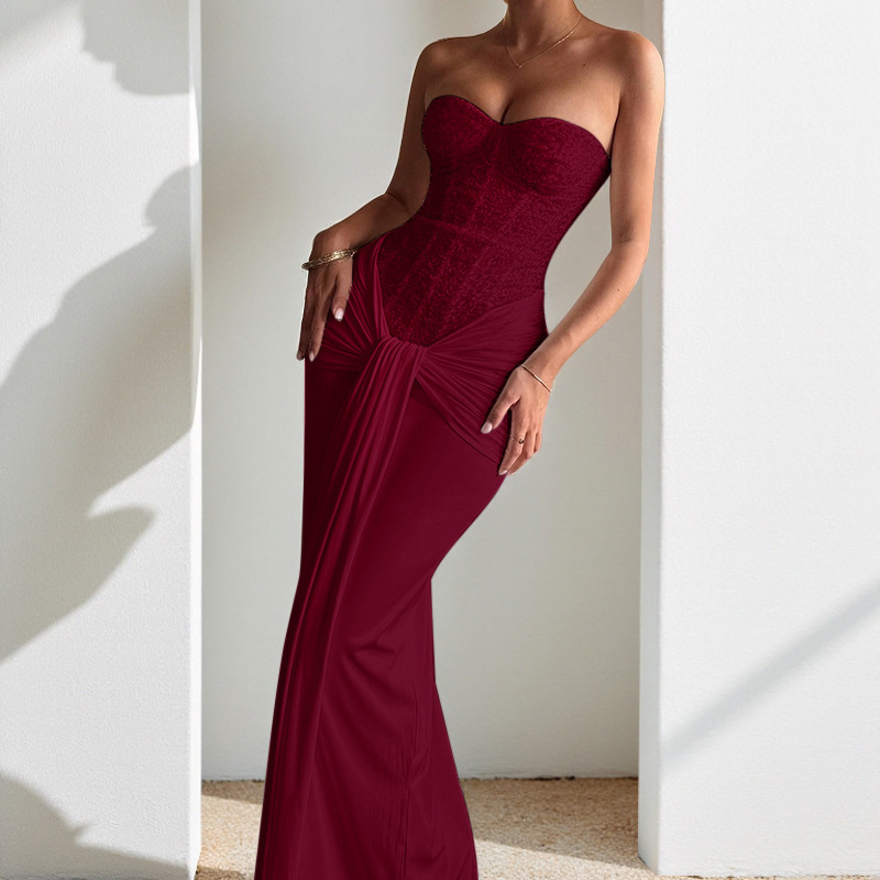 Nouvelle robe de soirée longue, robe cintrée à la taille, robe élégante sans bretelles avec ruban, style vacances