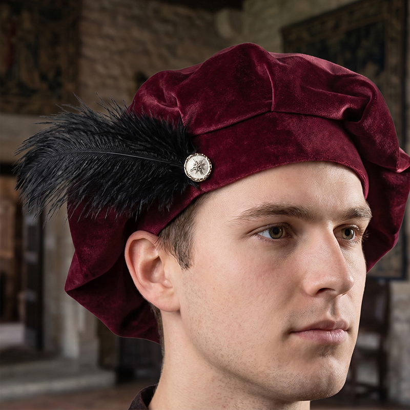 Béret médiéval avec plume, chapeau Tudor, casquette de minstre, casquette de la Renaissance Elizabethaine, bonnet royal victorien, costume de cosplay