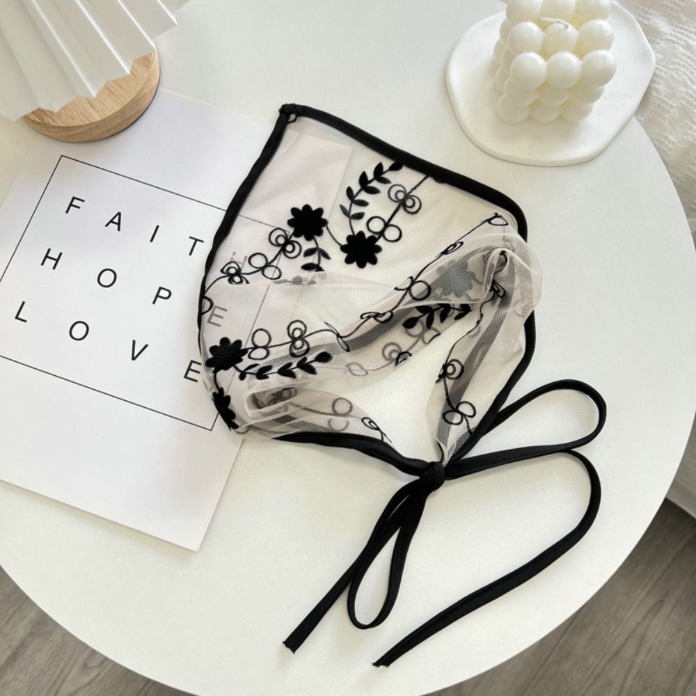 Écharpe de sauna à fleurs brodées noires pour femmes, écharpe triangulaire en dentelle fine, ruban pour cheveux ronds, bande de sauna douce pour dames