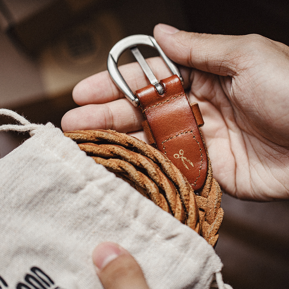 Maden Ceinture en cuir de vache tanné végétal à deux couches tissé vintage pour accessoire marron polyvalent pour hommes