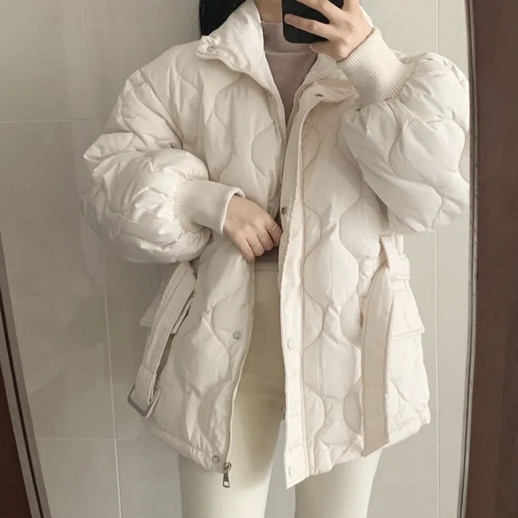 Femmes hiver chaud épais coton manteau 2025 nouvelles femmes avec ceinture col montant coton rembourré veste coréenne lâche femmes Parka vêtements d'extérieur