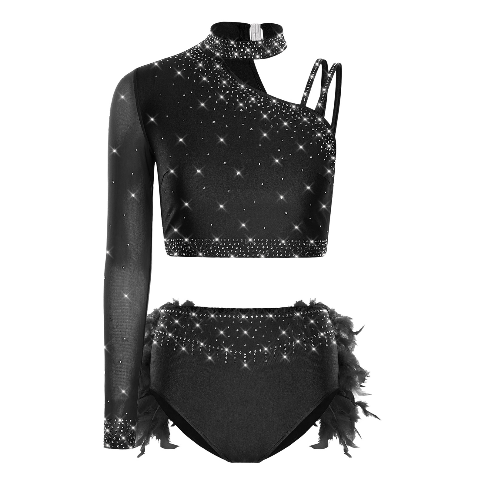 Tenues de danse Jazz latine pour femmes, 2 pièces, asymétrique épaule dénudée, manches longues, haut court + slip en plumes pour danse du ventre, vêtements de danse Chacha Tango
