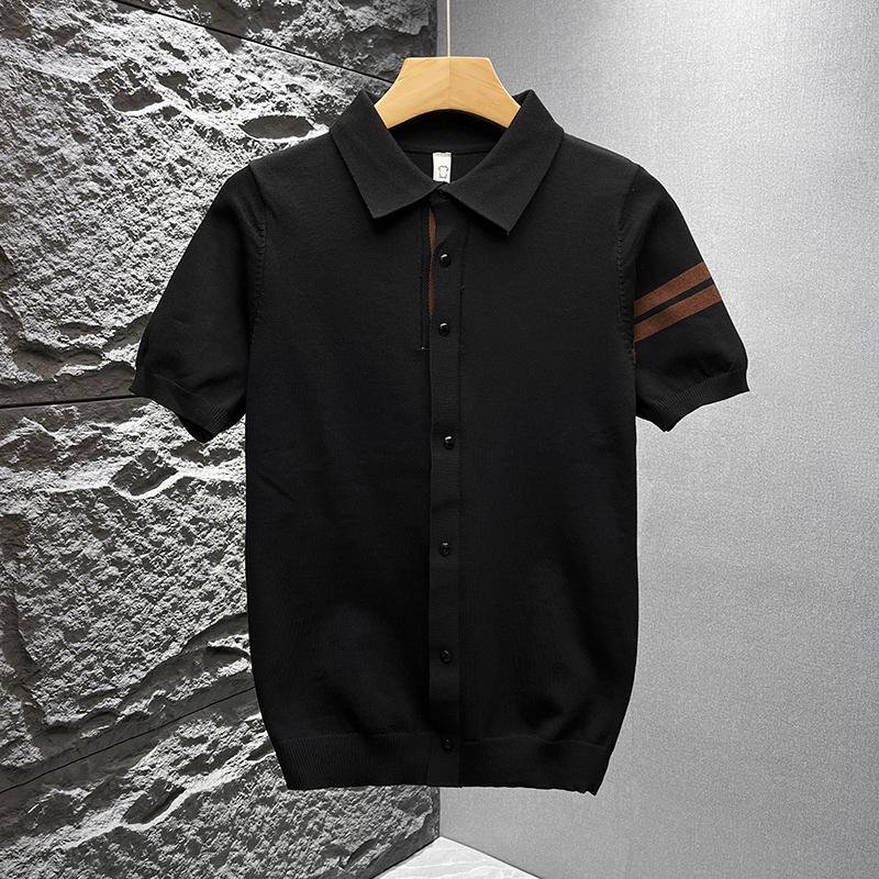 T-shirt d'été décontracté et polyvalent à col polo en maille, manches courtes, style mature, léger, en soie fraîche, pour étudiants