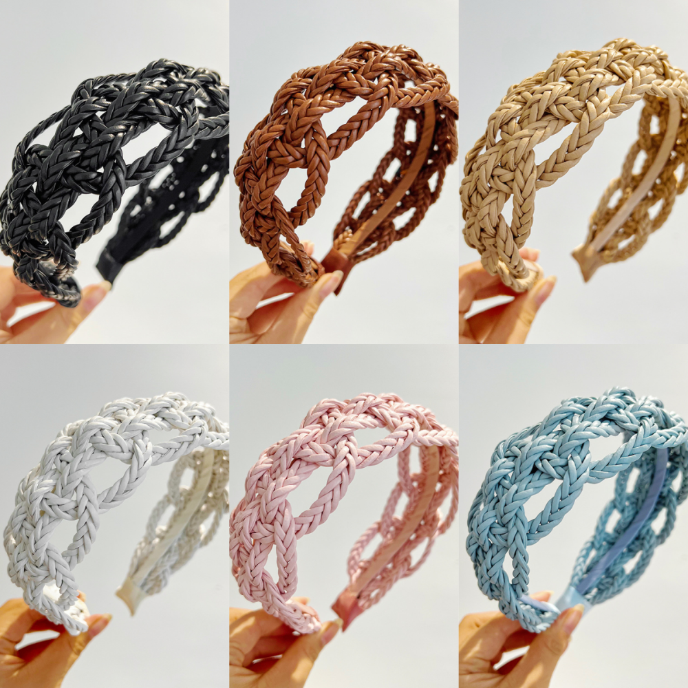 Large côté en cuir PU tissage bandeau chapeaux géométrique tresse bandeau couleur unie évidé tissage Style cheveux cerceau femmes