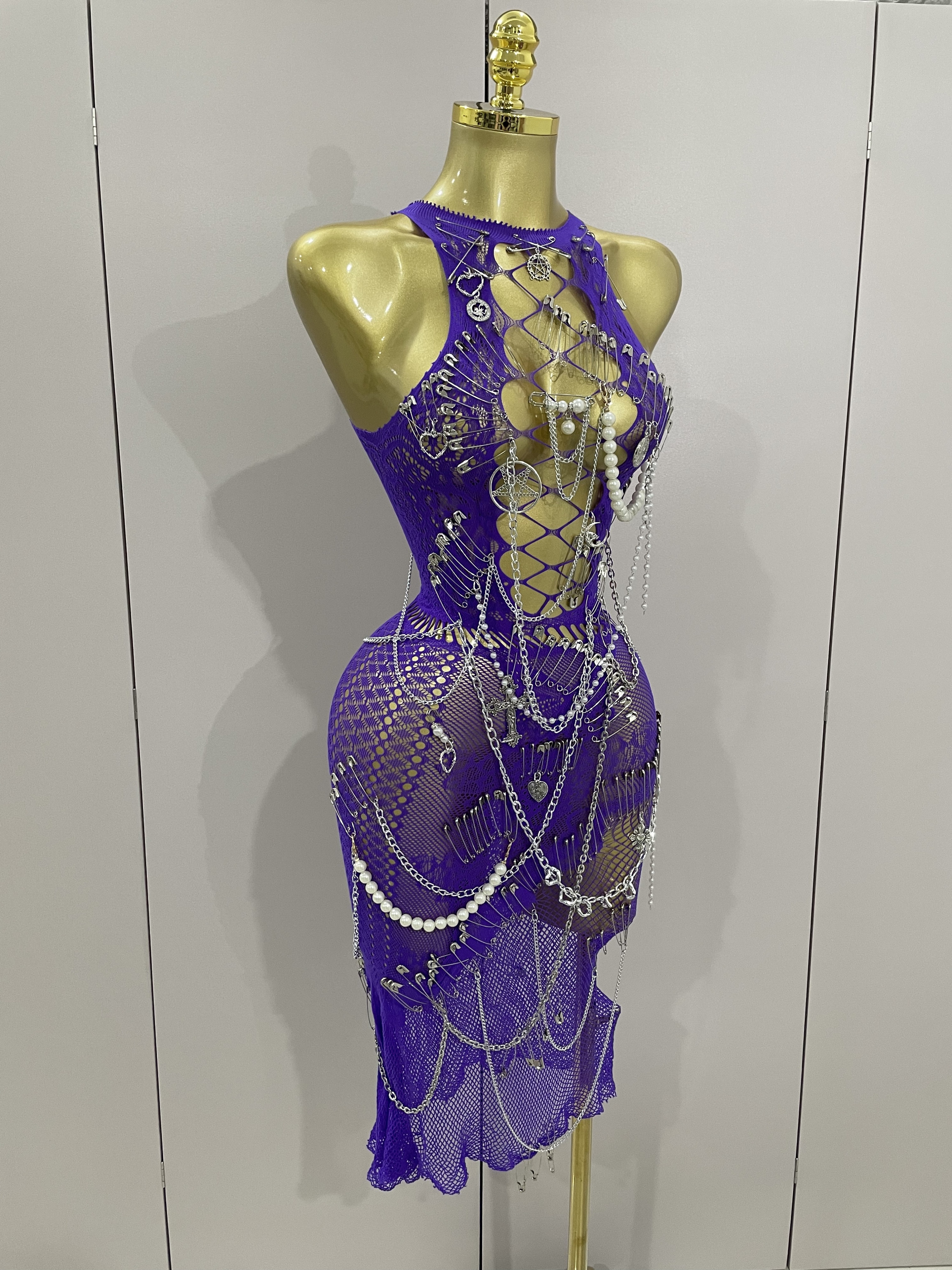 Sexy noir transparent broche décoration chaîne perles robe courte 2025 femmes anniversaire soirée discothèque Performance Costume