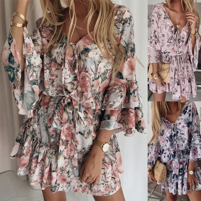 Femmes Boho robes été 2022 Sexy col en V imprimé fleuri Boho Robe de plage à volants à manches longues une ligne Mini Robe portefeuille Robe d'été