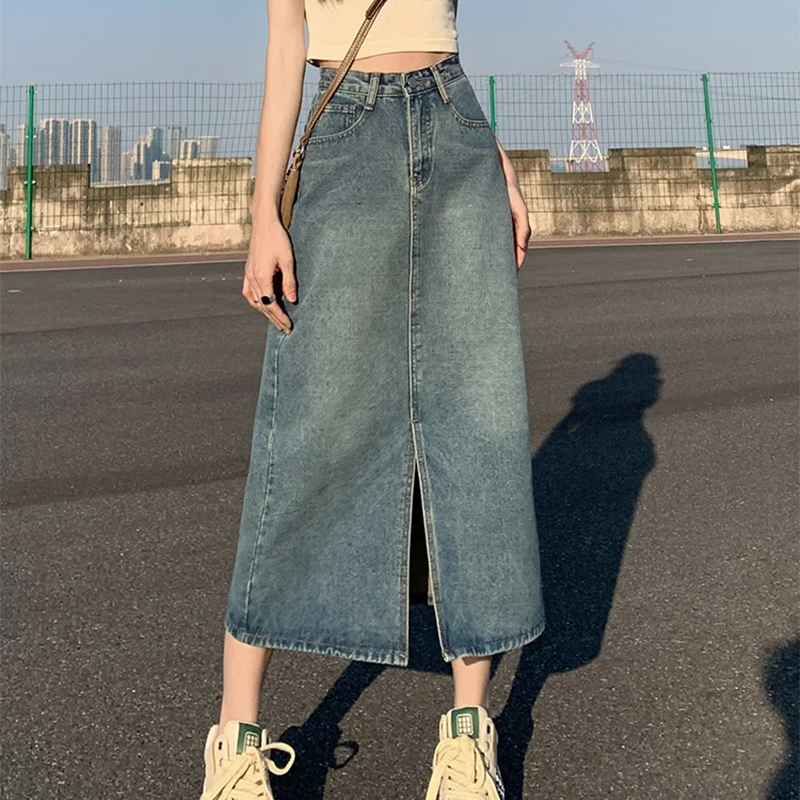 Jupe longue en jean fendue taille haute pour femme, coupe trapèze rétro délavée, longue et droite, couvrant les hanches, pour un port décontracté et confortable