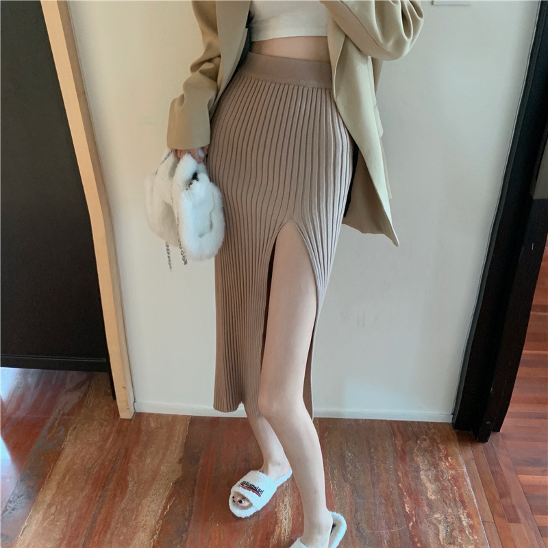 Jupe élégante et sexy à fente pour femme, robe tricotée ajustée amincissante style Hot Girl, jupe taille haute pure et raffinée
