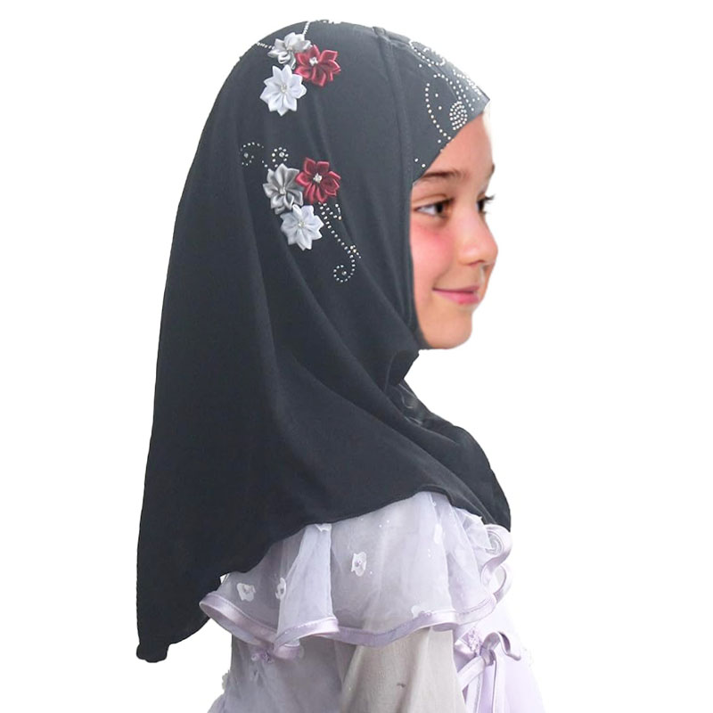 Hijab instantané musulman pour filles, prêt à porter, châles islamiques, Turban avec fleurs, écharpes, bandeau en Jersey (2-7 ans)