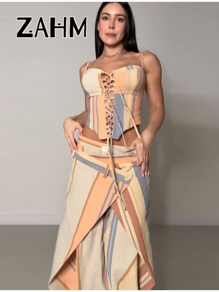 Ensemble jupe et haut à pois sexy pour femme, débardeur à volants et col bateau, jupe plissée taille empire, tenue de plage pour les vacances d'été 2026