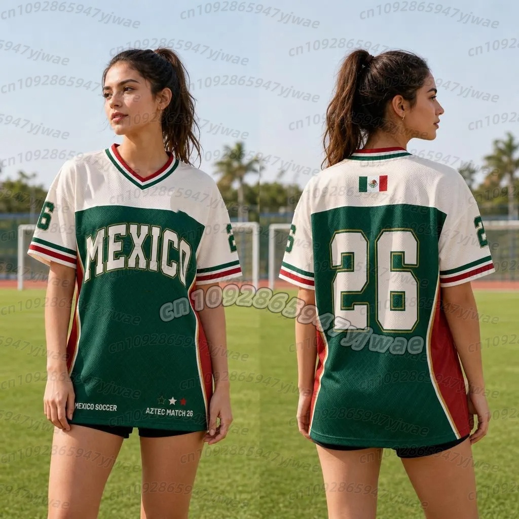 T-shirt Mexique 26 pour femme, col en V, été, pour fans de football du Mexique, séchage rapide, pour homme et femme
