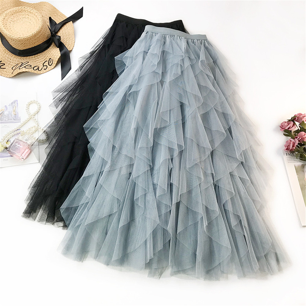 Jupe longue en tulle tutu tendance pour femme, jupe plissée taille haute noire et rose style coréen printemps-été 2022