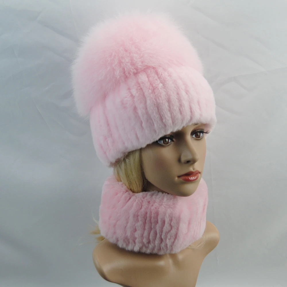 Nouveau hiver dame marque main faire réel véritable fourrure de renard chapeau écharpe filles naturel réel Rex lapin fourrure anneau casquette vraie fourrure foulards chapeaux
