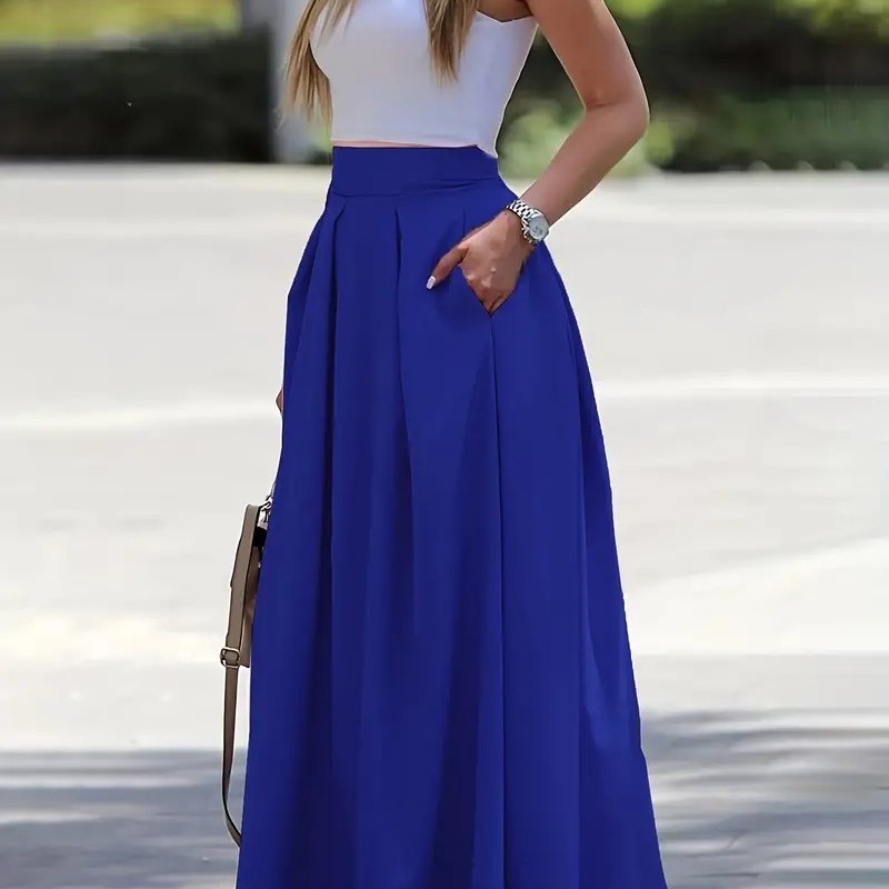 Jupes longues pour femmes printemps été taille haute couleur unie jupe longue femmes poche trajet a-ligne plissée mode jupe longue