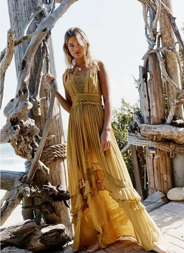 Canwedance été robe de plage sans manches coton Maxi robes Style Boho couleur unie dentelle à volants robe d'été Mujer robes