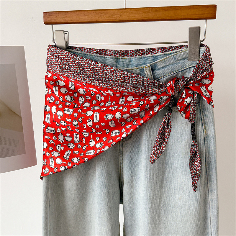 Écharpe triangulaire décorative à double couche en imitation soie, imprimée, à nouer à la taille, châle pare-soleil, foulard pour femme