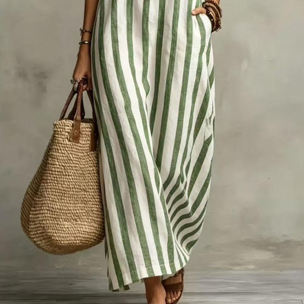 Robe d'été pour femmes avec poches, rayée, en coton et lin, maxi, sans manches, bohème, ample, longue, robe de plage