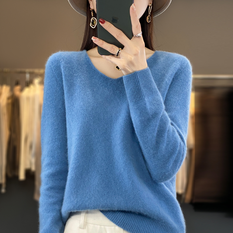 Pull en cachemire 100% pure laine pour femme, col en v, haut en tricot décontracté, manteau pour femme, mode coréenne, automne et hiver