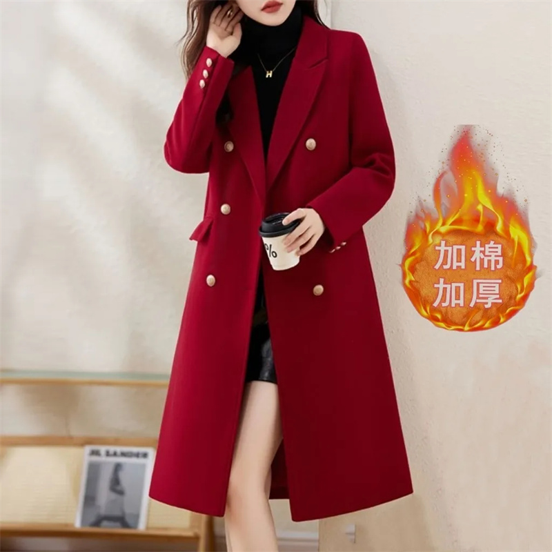 Manteau en laine rouge 2026 Automne Hiver Nouvelle Mode Élégant avec doublure en coton Manteaux en laine épais Femme Coupe ajustée Décontracté Chaud Long Manteau