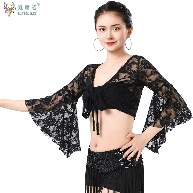 Costume de danse du ventre pour femmes, manches évasées en maille, châle à lacets, boléro, hauts, chemise de Ballet latine, Costume de spectacle