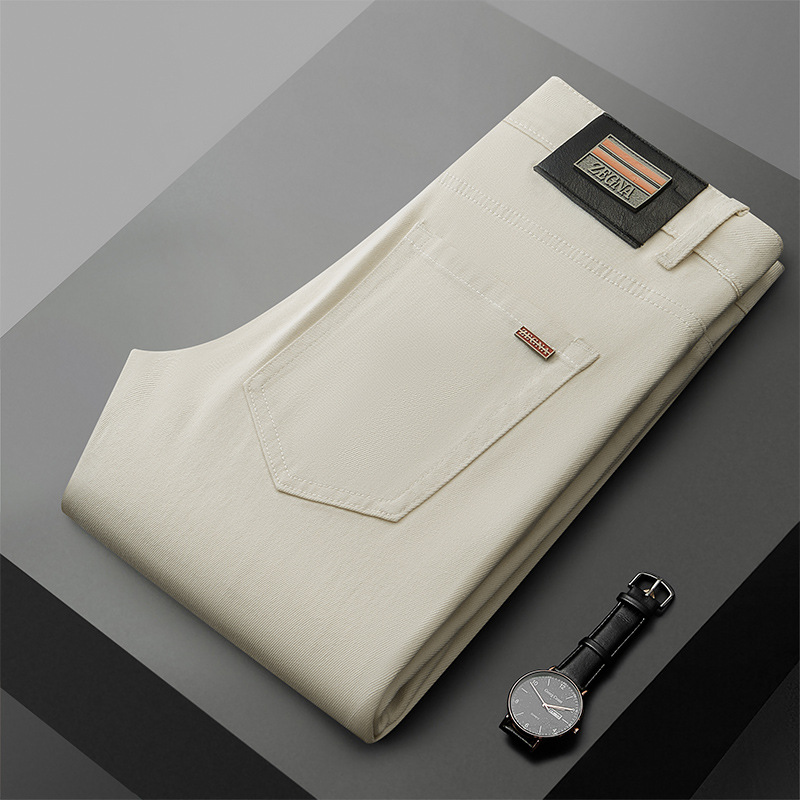 Jean de luxe léger en relief Beige pour hommes, pantalon droit Slim, jambe, pantalon d'affaires décontracté, printemps et été
