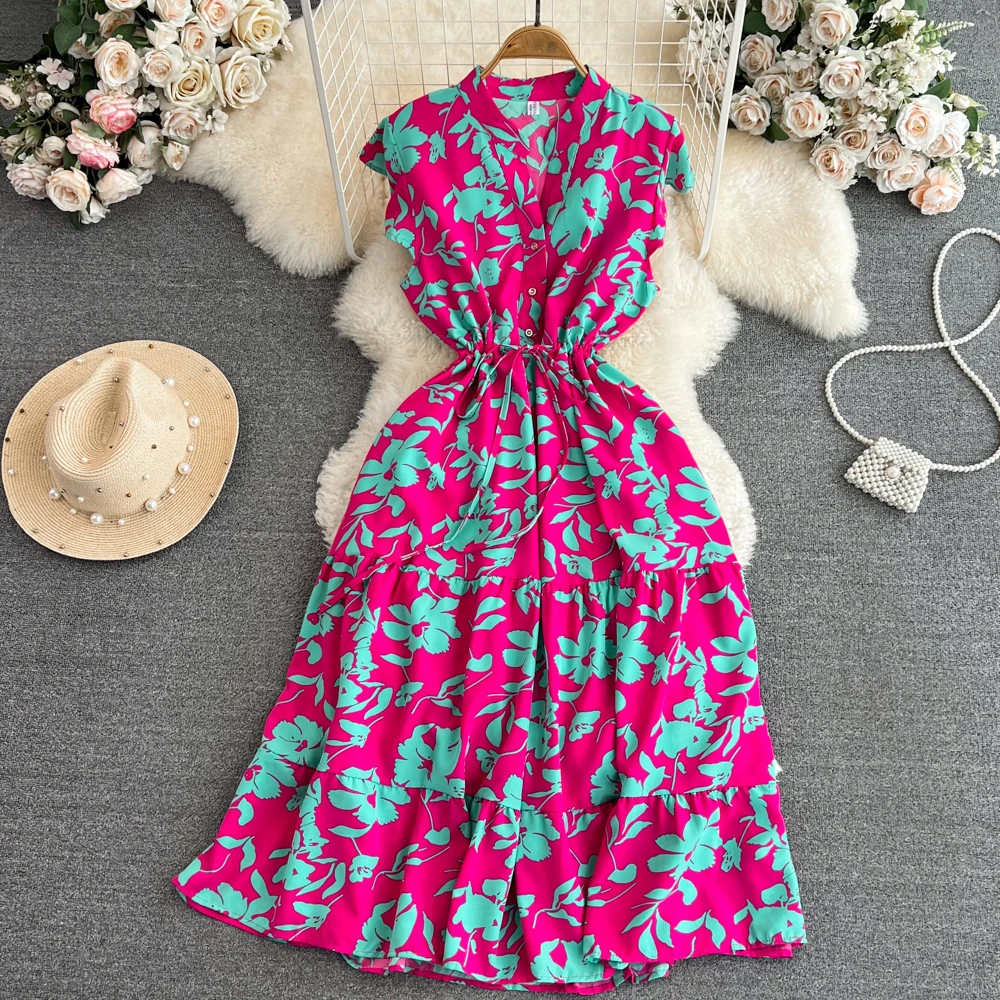 Robe mi-longue à fleurs pour femmes, Vintage, col en v, ourlet à volants, élégante, simple boutonnage, vacances, plage, été, 2026
