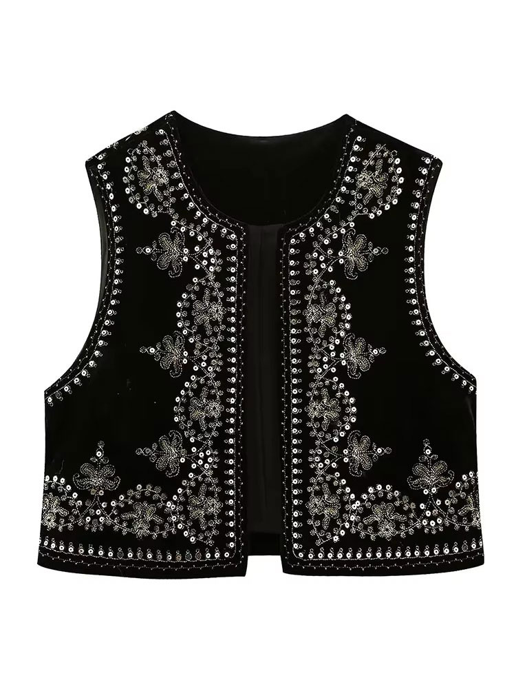 Vintage automne velours brodé gilet sans manches veste femmes col en V Chic gilets femme mode gilets manteau 2023