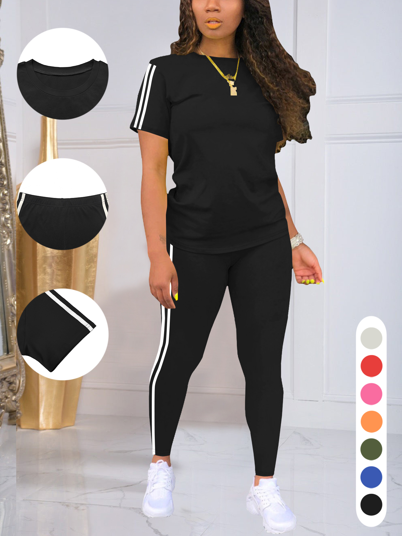 Ensemble de vêtements de sport d'été à rayures latérales pour femmes, manches courtes, pantalons longs, couche de Base respirante, tenue colorée décontractée