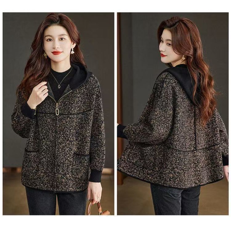 Manteau en Laine Tendance Automne Hiver pour Femme, Nouvelle Veste Décontractée à Capuche Zippée pour Mère d'Âge Moyen, Vêtement d'Extérieur