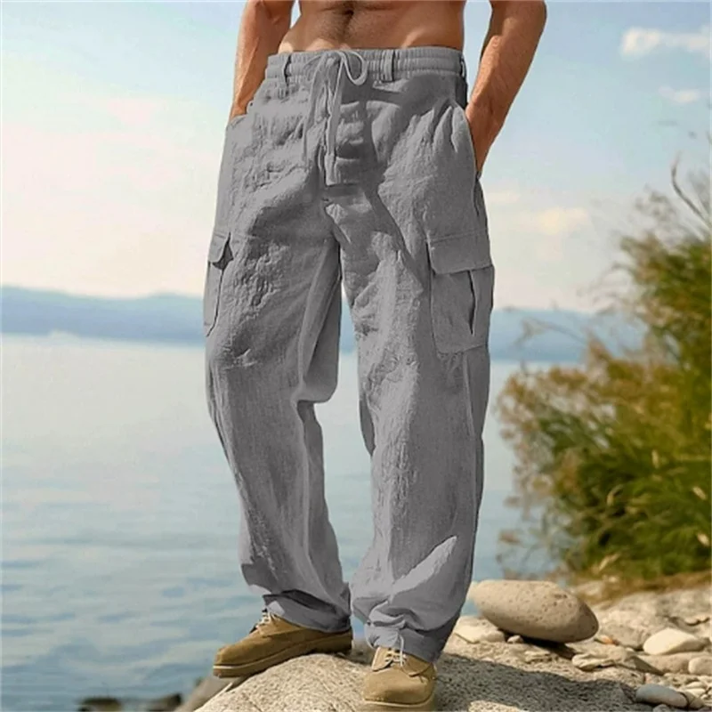 Pantalon décontracté pour homme, pantalon cargo ample et confortable, pantalon homme en coton et lin, pantalon droit multi-poches, pantalon fin de plage pour homme