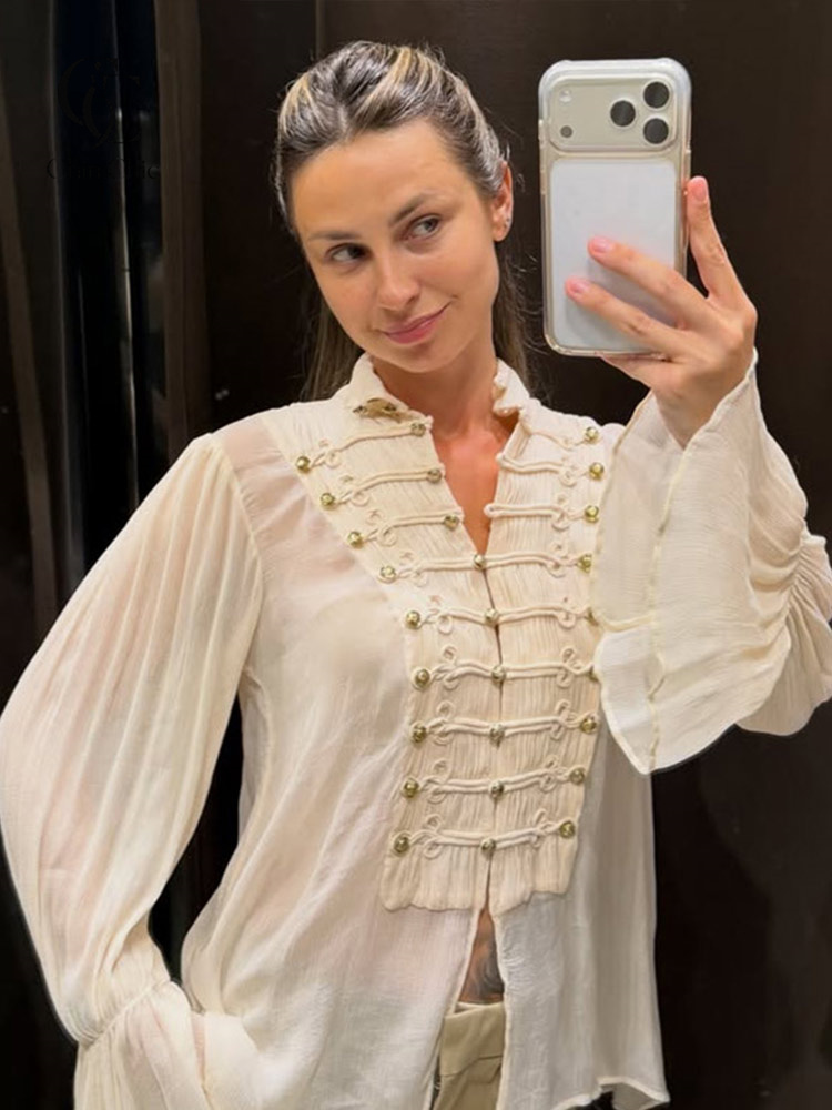 Chemisier gothique vintage pour femme, boutons en métal doré, chemise évasée à volants, manches longues, chemise en mousseline, haut ample