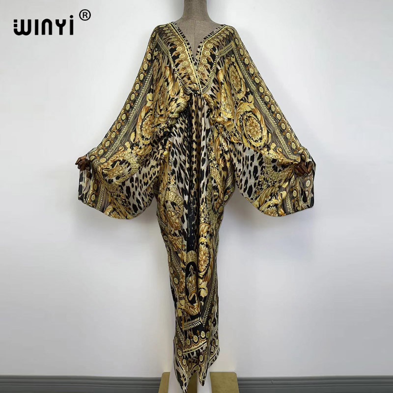 Kaftan de plage sexy, caftan en soie et rayonne, imprimé tendance 2021 WINYI, robes longues pour femmes, robe bohème à col en V.