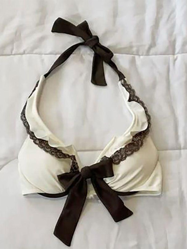 Ensemble bikini jupe beige d'été avec dentelle et nœud, style Y2K, mignon et tendance, pour la plage, la piscine, les vacances, maillot de bain féminin
