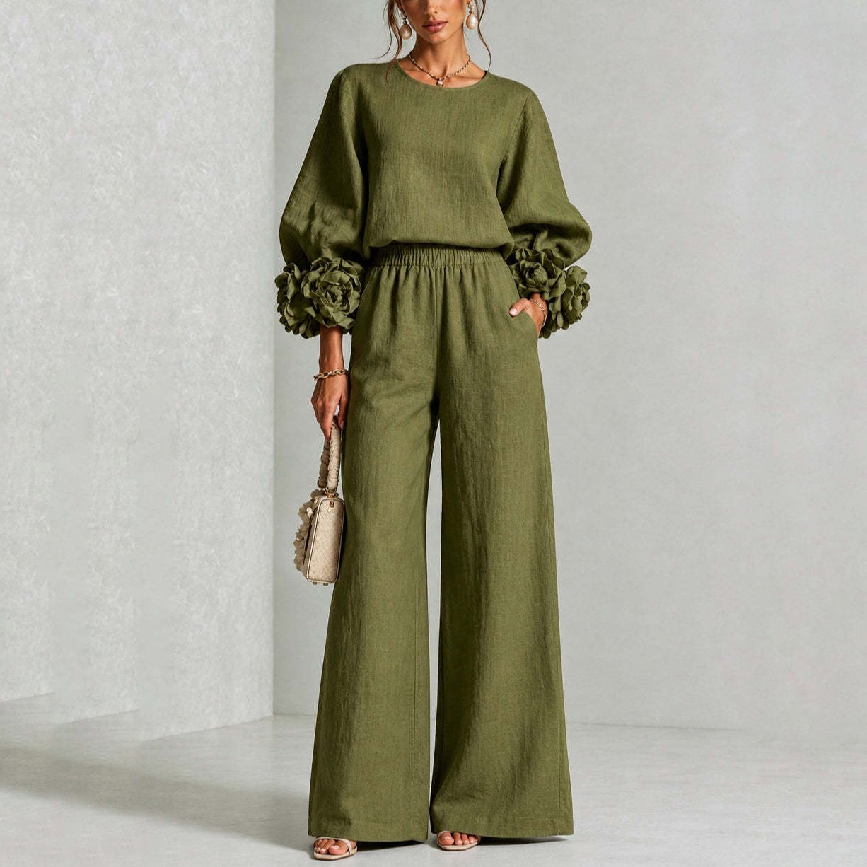 Ensemble 2 pièces pour femme : Haut à col rond et manches longues bouffantes, motif floral 3D + pantalon large à taille élastique – Tenue élégante et décontractée pour le bureau, collection automne