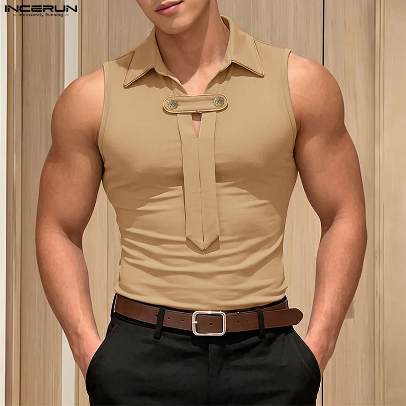 INCERUN Débardeurs Homme Patchwork Col Revers Sans Manches Boutons Décontractés Gilets Masculins Streetwear Mode Été 2026 Vêtements Homme S-3XL