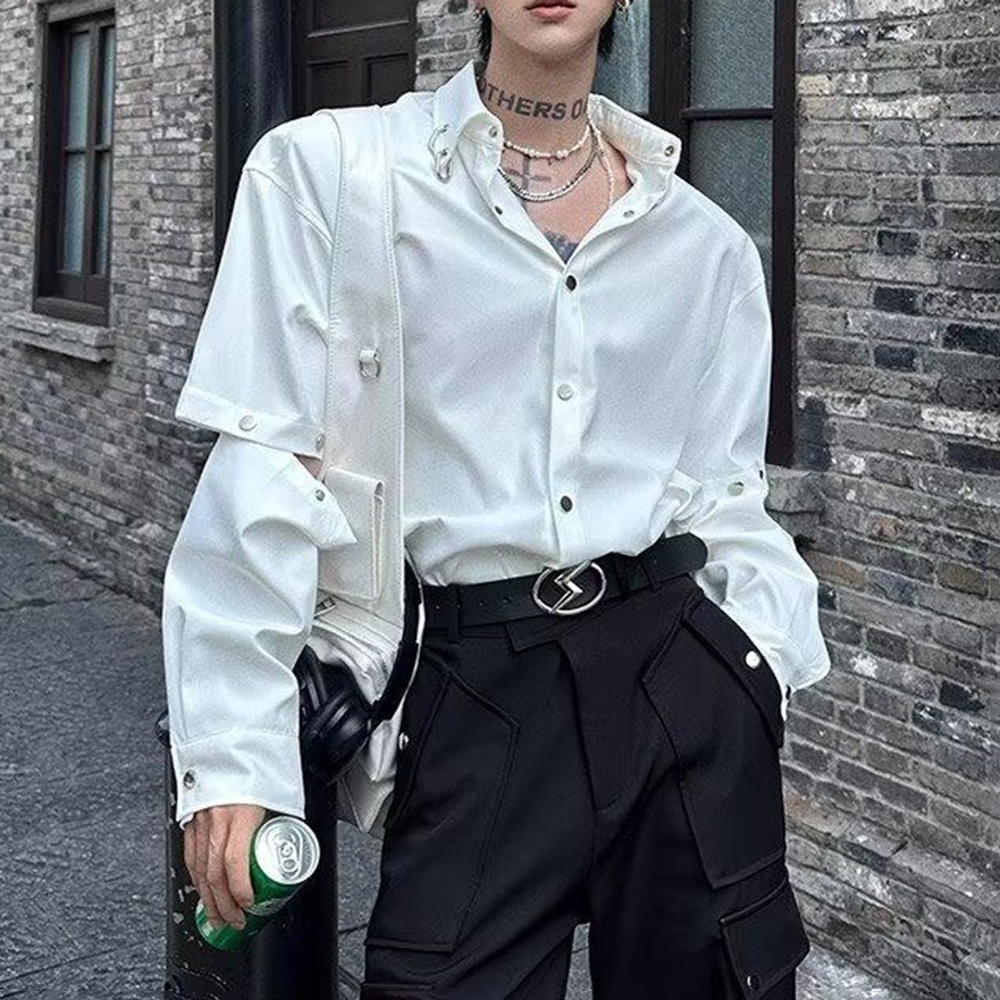 Printemps et été hommes couleur unie couture chemise à manches longues rétro mode tendance haute rue ample décontracté Niche hommes hauts