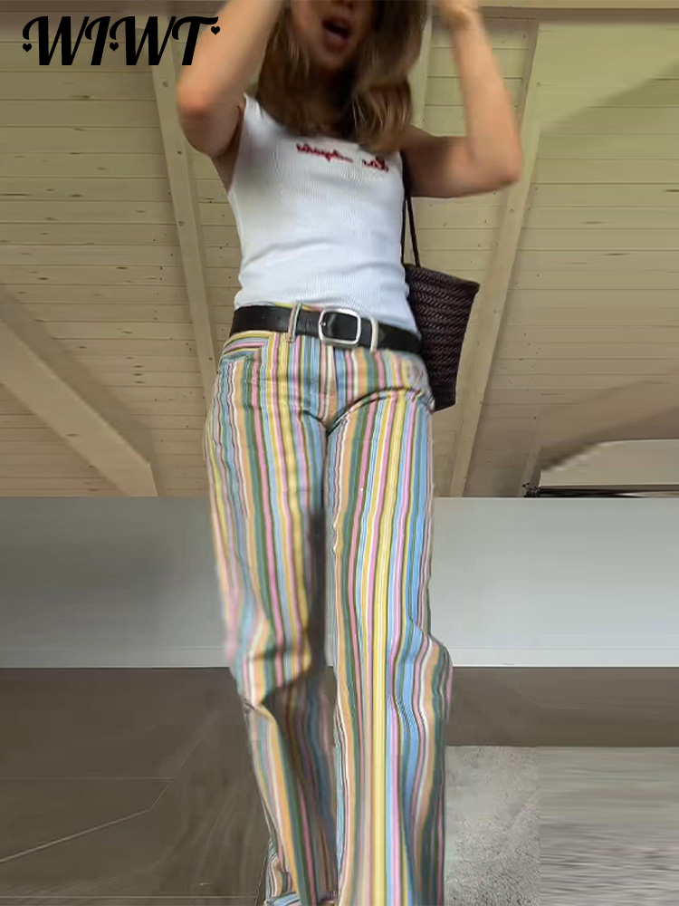 Jean rayé coloré 2026 Nouveau pantalon en denim long décontracté pour femme à taille basse, coupe large et poches contrastantes