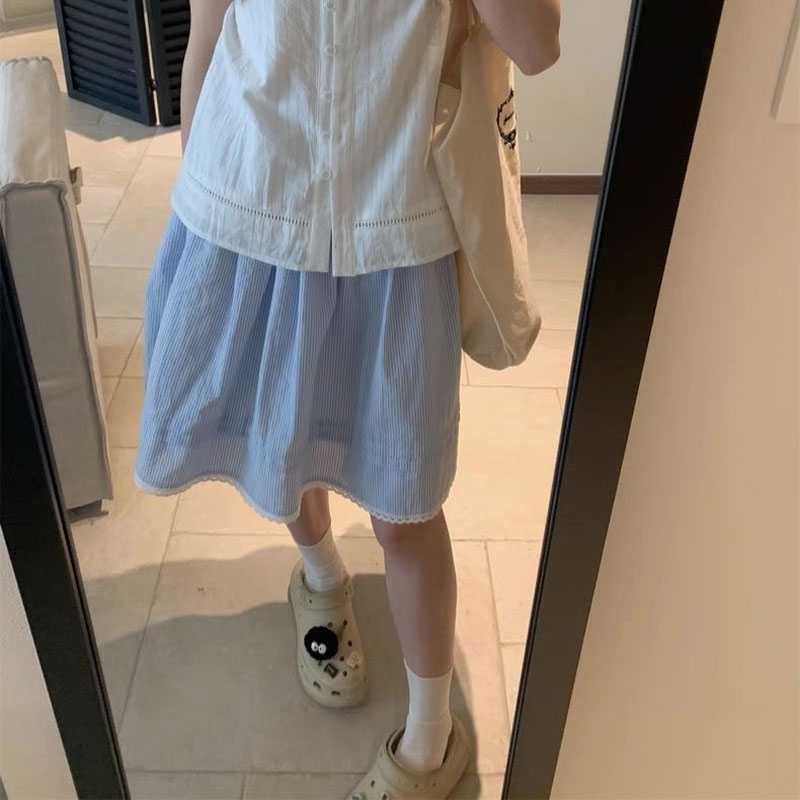 Jupes coréennes bleues à rayures, plissées, longueur genou, pour femmes, taille haute, nouvelle collection printemps-été, élégantes, avec patchwork en dentelle, coupe trapèze