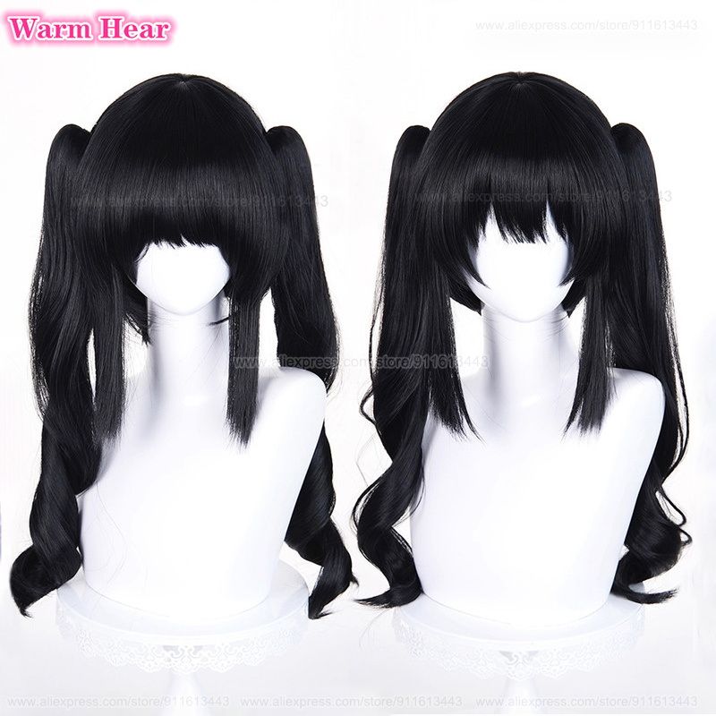 Jeu Kurobe Nanoka longue 50 cm noir Double queue de cheval cheveux bouclés Cosplay perruque résistant à la chaleur cheveux synthétiques Halloween fête perruques