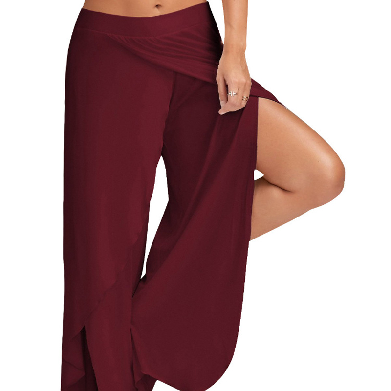 Femmes grande taille pantalon à jambes larges ample Fitness danse Yoga pantalon fendu femme élastique Wasit décontracté entraînement solide vêtements d'été
