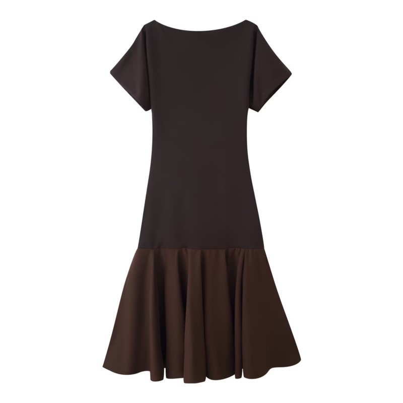 Robe en tricot patchwork pour femme, col rond, manches courtes, ourlet plissé uni, robe midi élastique pour femme, robes longues chics pour femme