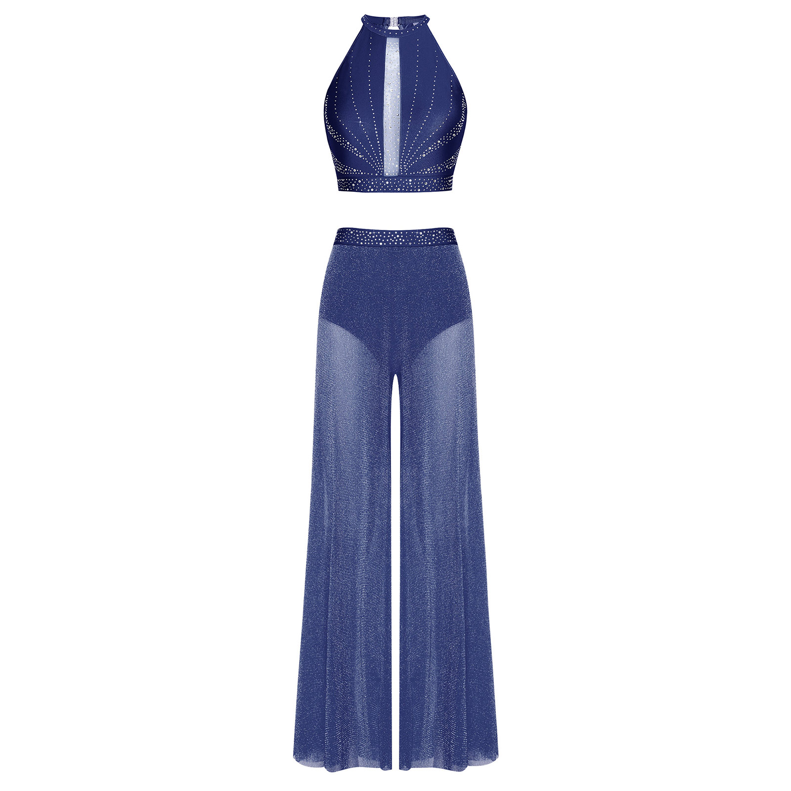 Costume de danse lyrique moderne pour femmes avec strass brillants, hauts courts et pantalons en maille transparente, tenue de danse, patinage, gymnastique, acrobaties