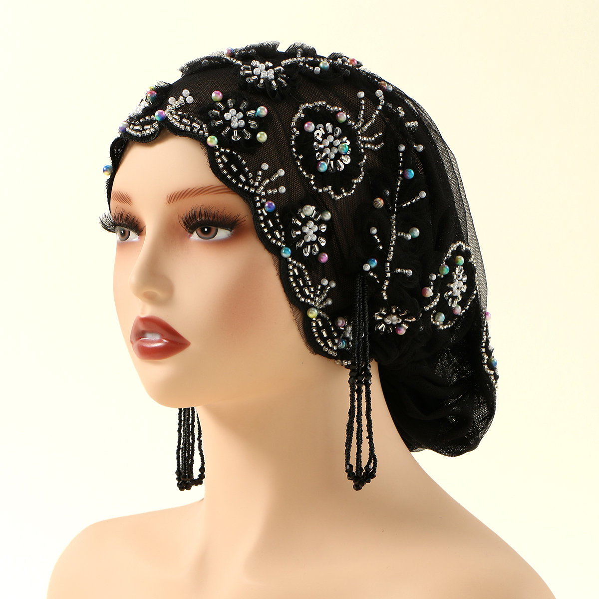 Chapeau de luxe en dentelle brodée de perles, casquettes en tissu maille, Tube de perles associé à un fil de diamant, chapeau brodé pour femmes arabes de dubaï