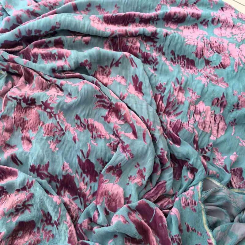 Robe Cheongsam en Velours pour Femme, Crêpe Inicante, Écharpe Mûre, Brûlé, Flottant, Grille au Mètre, Plante, Fleur