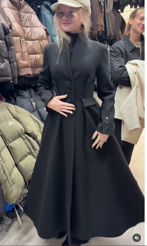 Manteau long ajusté à la taille en mélange de fausse laine pour femme, manches longues, boutonnage simple, ourlet évasé, manteaux d'hiver 2026, manteaux vintage