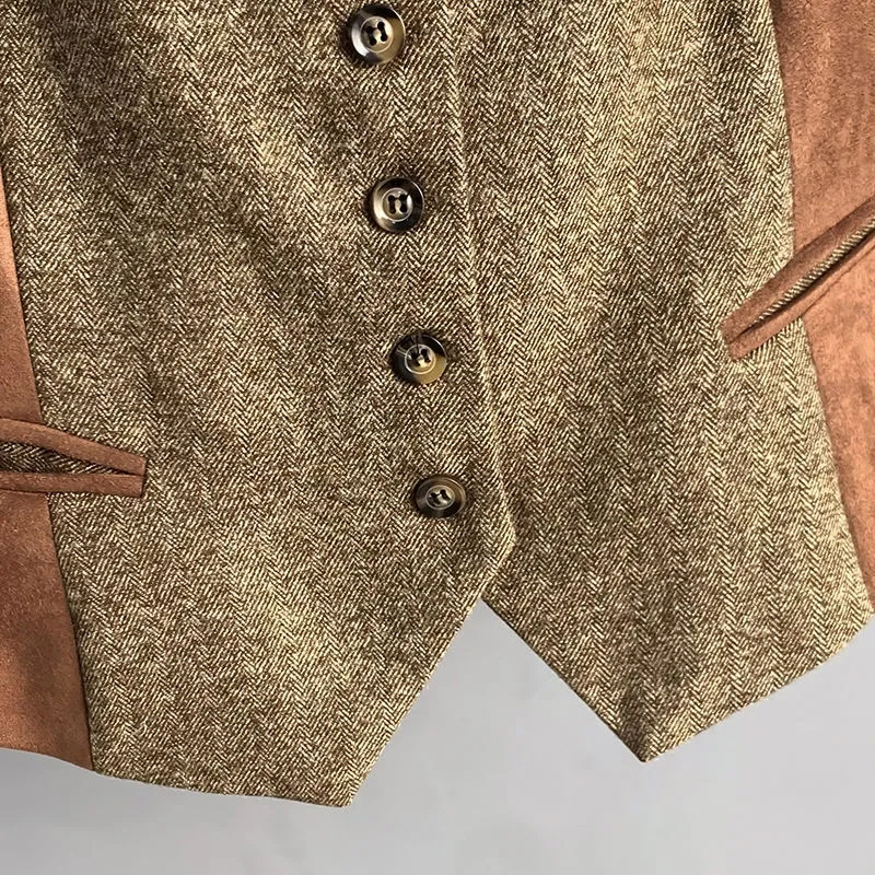 2025 mode printemps automne daim épissé laine gilet femmes court gilet col en v sans manches veste dame décontracté hauts mince manteau