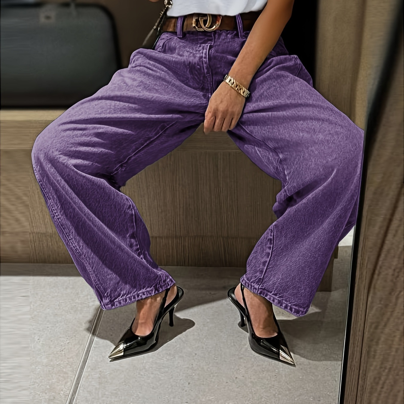Jean en denim délavé coupe ample et large pour femme, taille simple et assortible, sans ceinture incluse, pantalon long