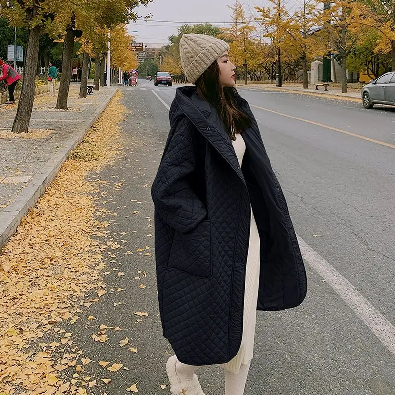 Manteau en duvet de coton de longueur moyenne à capuche pour femme, manteau coupe-vent à grande poche, mode coréenne, automne et hiver