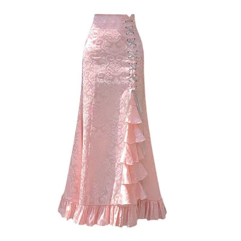Femmes jupe Midi printemps été coupe ajustée taille haute jupe longue Vintage à lacets volants rose gothique mode coréenne jupe vêtements