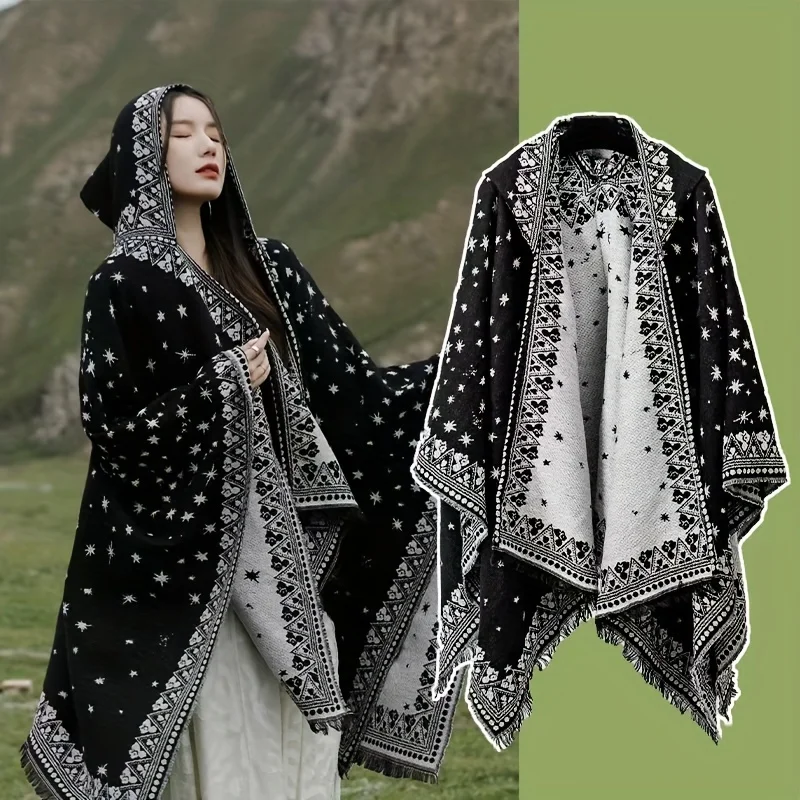 Cape ethnique à capuche, châle pour photographie de voyage de la chine du nord-ouest, Imitation chaude en cachemire, vêtements d'extérieur, chapeau de style ethnique